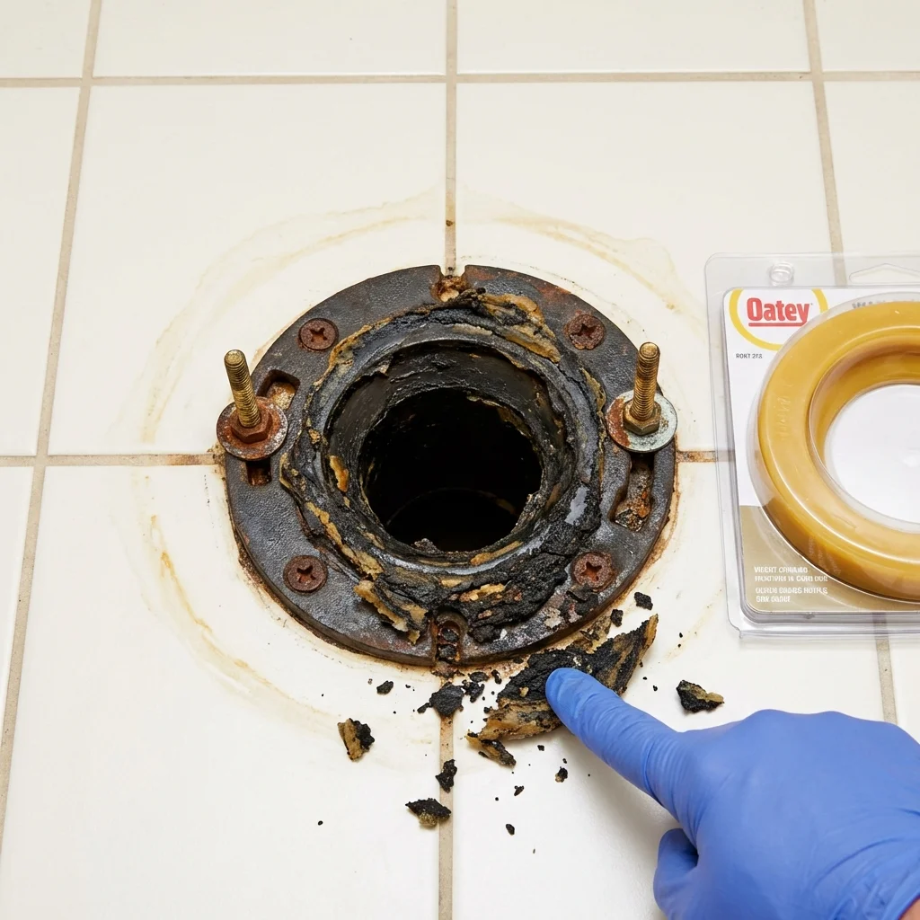Failed wax ring showing water seepage at the base of a toilet in a Oxford, NC home