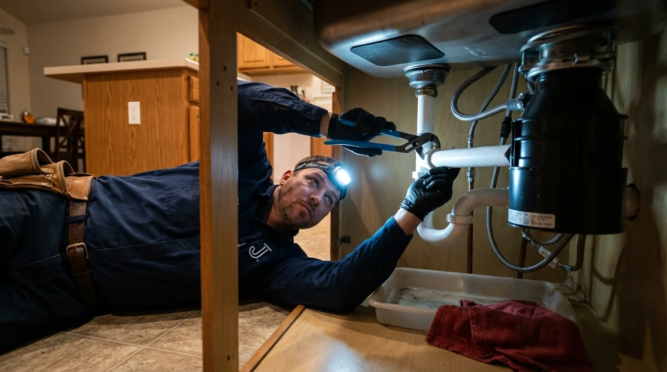 P-trap and supply line connections under a kitchen sink showing a common leak point in Oxford, NC
